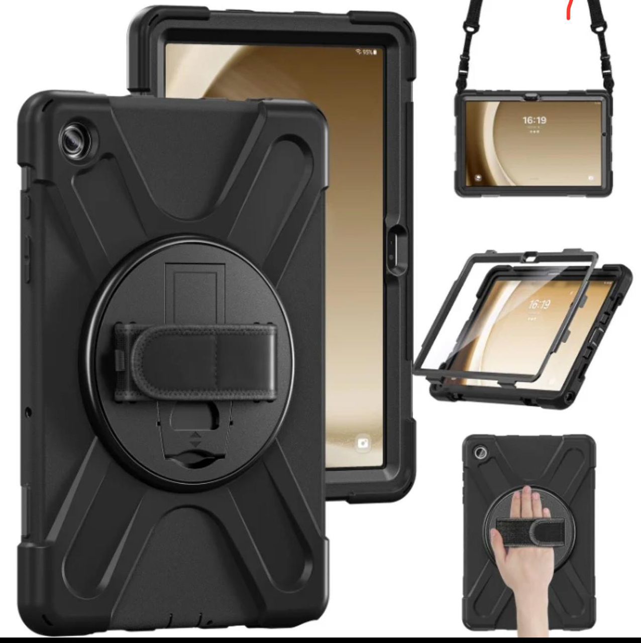 Svart duty-deksel og støtsikkert deksel for iPad Air med 360-graders roterende støtte.